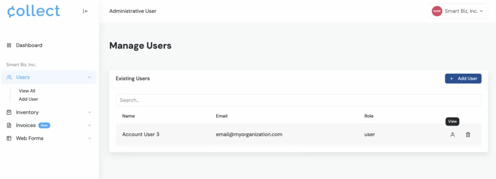 Account Users list in the Collect Web Dashboard