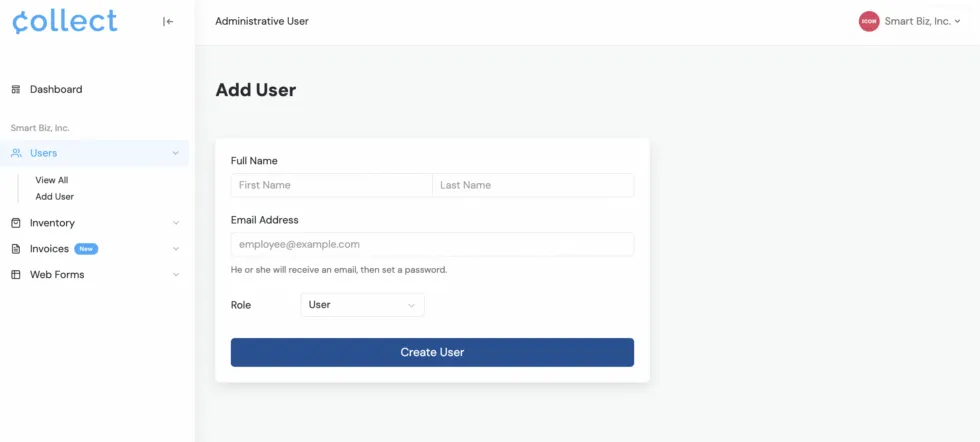 Create Account User screen in the Collect Web Dashboard