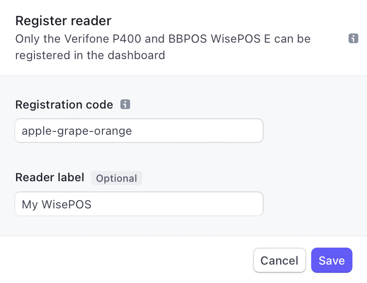 Registering Reader in Stripe Dashboard